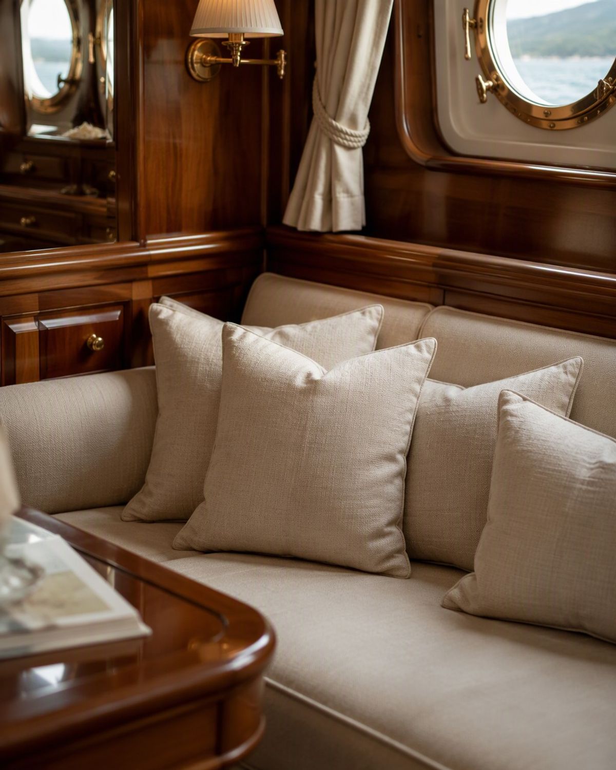 Maßgefertigte Salonkissen aus Leinen im Yacht-Interieur