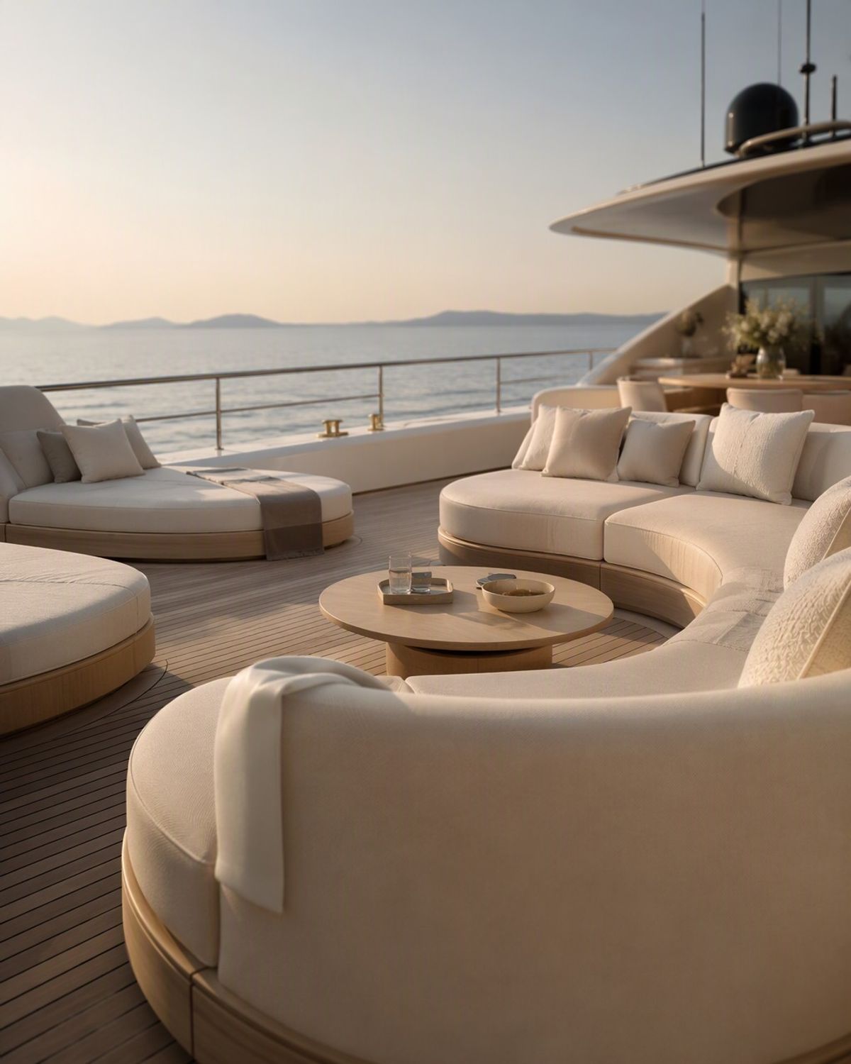 Deck einer 32-Meter-Motoryacht mit maßgefertigten Polstern