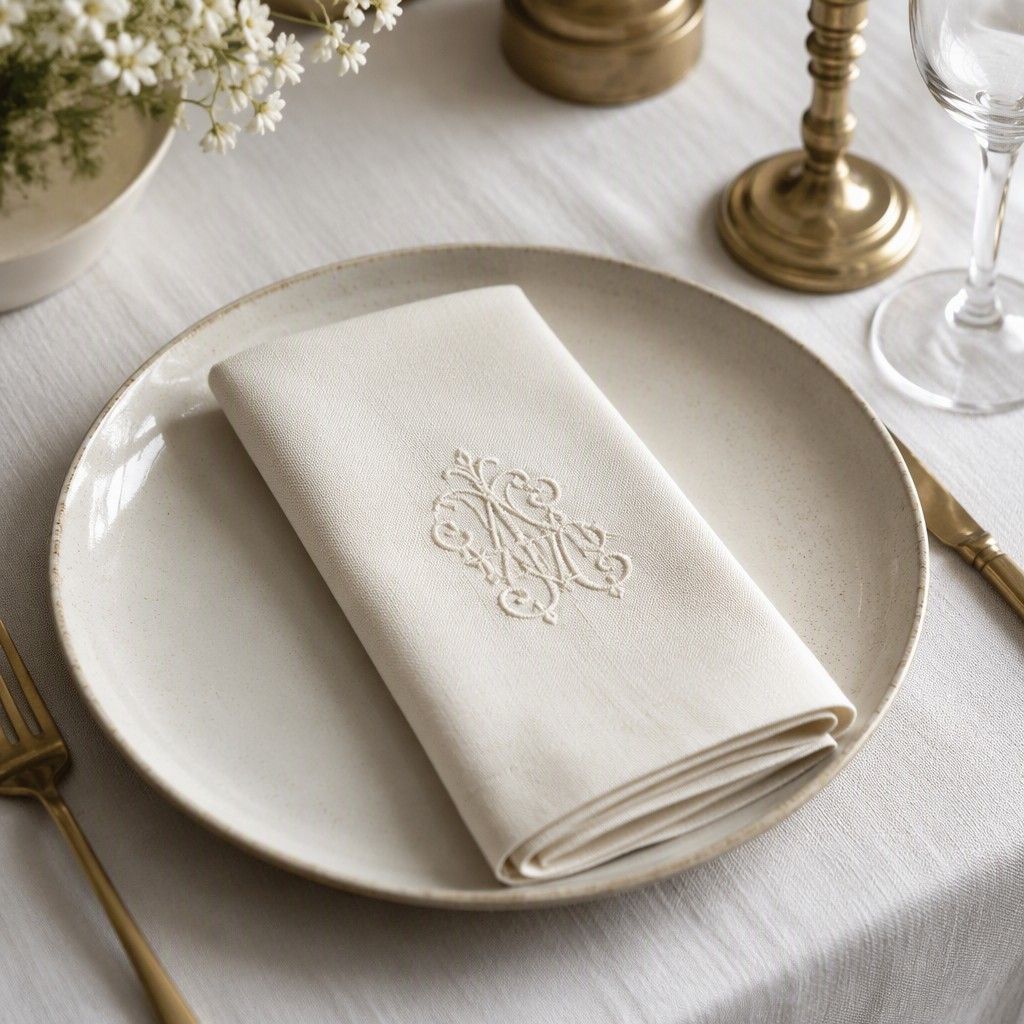 Gefaltete Leinenserviette mit gesticktem Monogramm